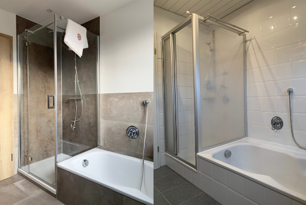 Ein Badezimmer mit Dusche, Toilette und Waschbecken.